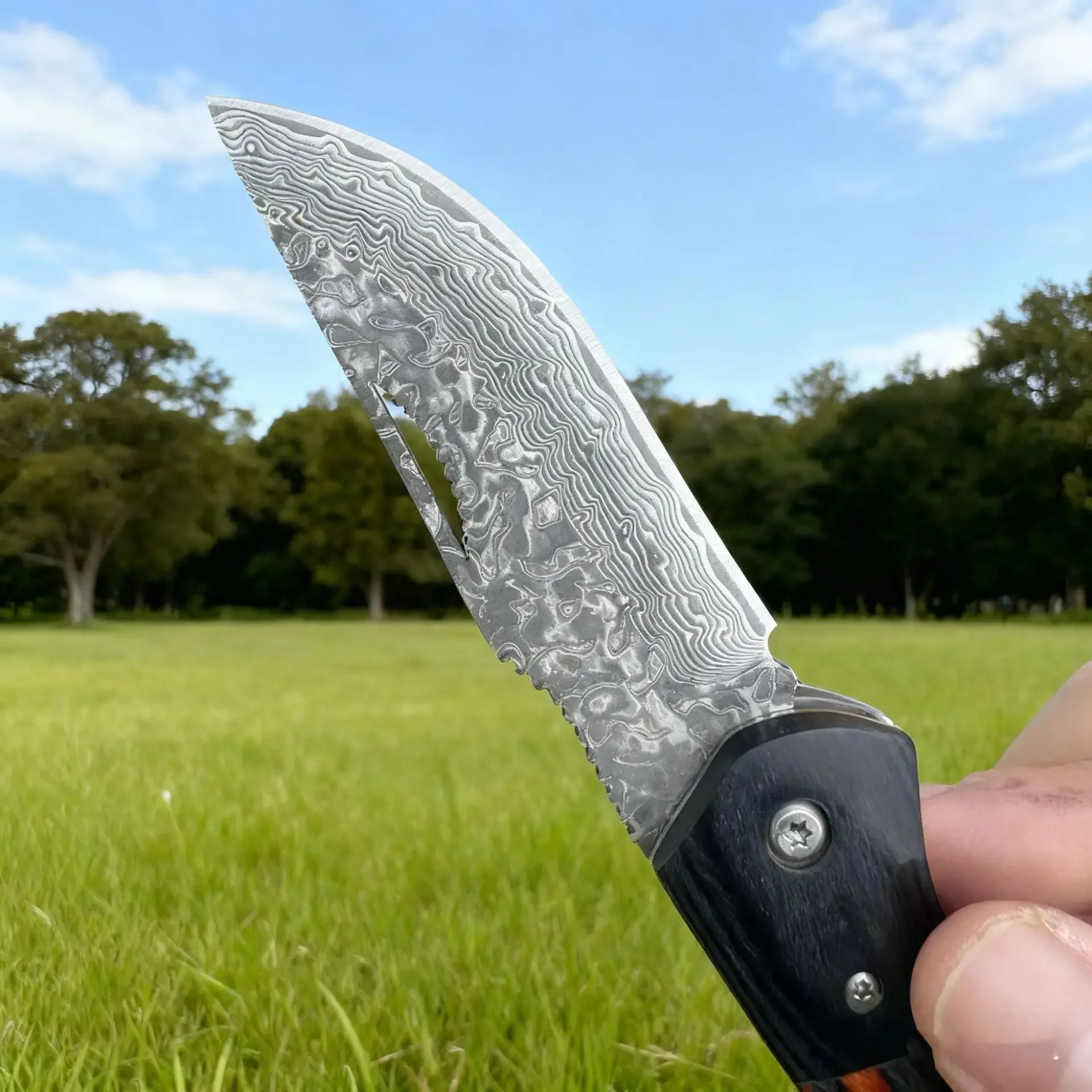 TUPI Damascus Laser Pattern Small Knife Hollow Handle Outdoor Camping Hunting Knife Survival Knife