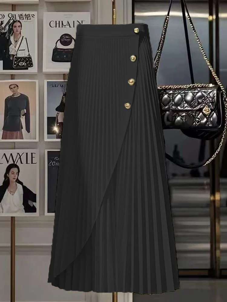 Spódnica damska Hebe Sle Design, unikalny guzik, nowa moda, mozaika, składana spódnica w kształcie litery A, wysoki stan, poliester