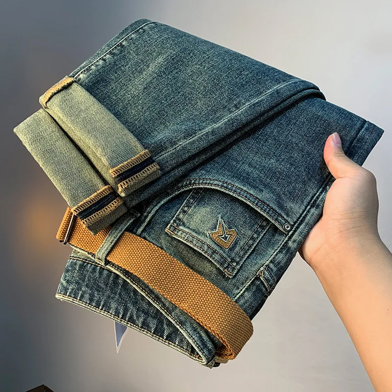 Pantalones vaqueros bordados de estilo coreano para hombre, jeans elásticos sueltos, ajustados, a la moda, otoño, 2024