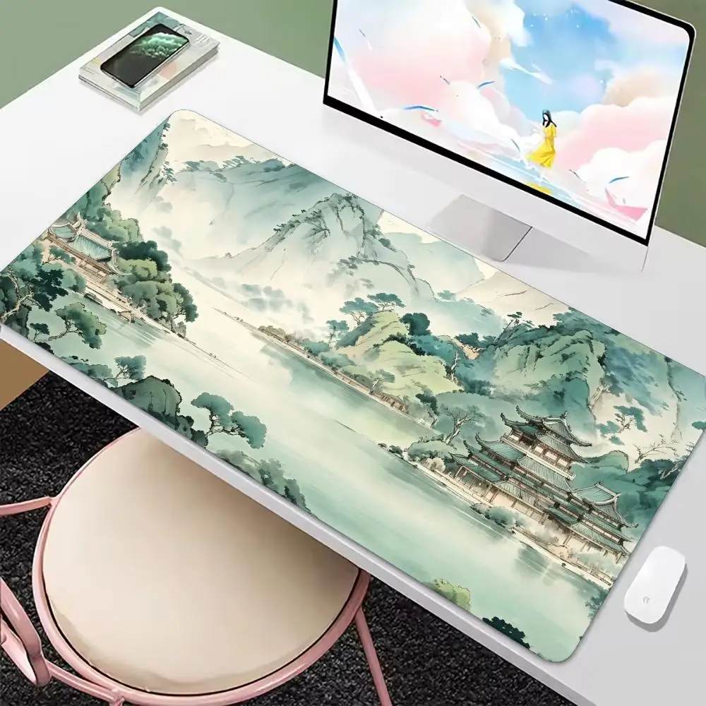 Chinese Ink Wash Mountain Lake Landscape Large Gaming Mouse Pad Non Slip Rubber Desk Mat For Laptop Keyboard Home Office Desktop