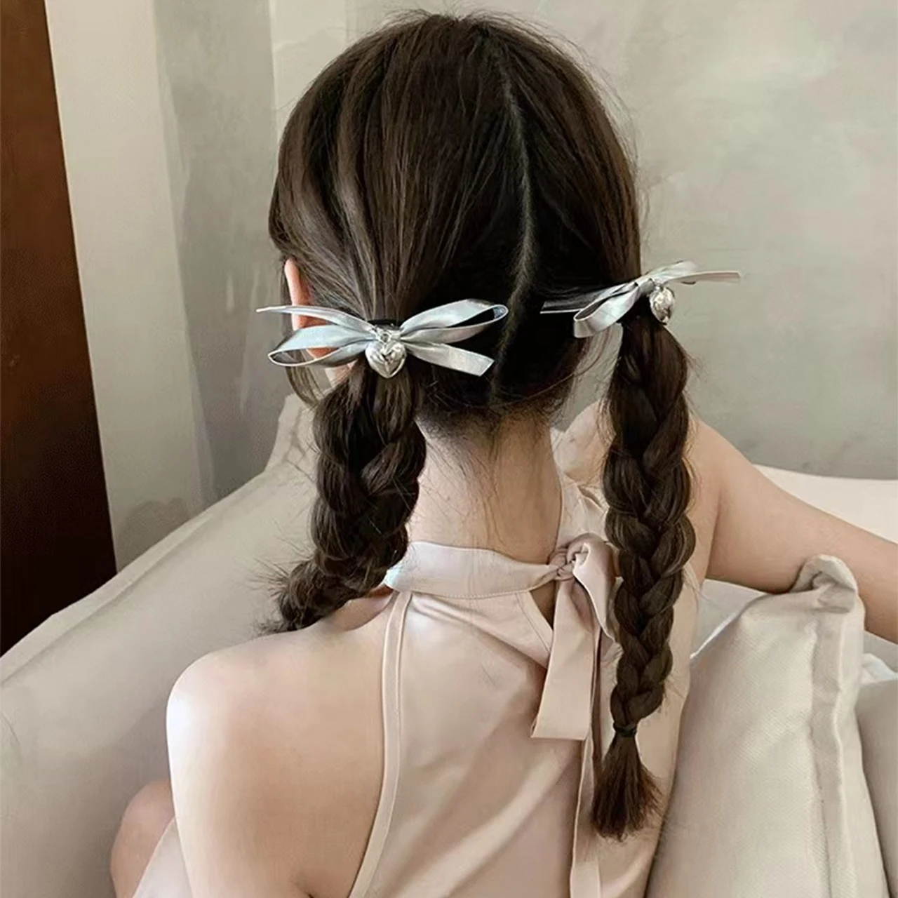 

Головной убор с серебряным бантом, милые заколки для волос с бантом для девочек, веревки для волос, головные уборы с фрикадельками, резинки, модные аксессуары для волос