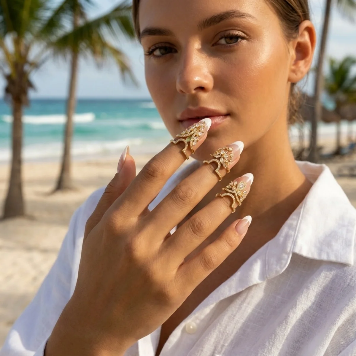 

Creative Cubic Zircon Flower Crown Shaped Nail Rings For Women Men Dainty Leaf Wheat Waterdrop Geometric Ring Versatile Jewelry