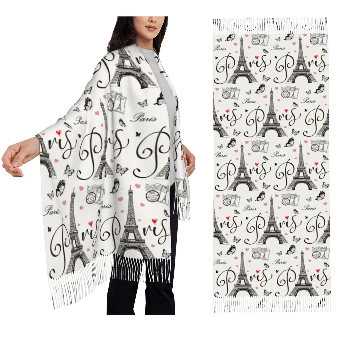 خمر برج ايفل رومانسية فرنسا باريس 4 وشاح شرابة الأوشحة النساء شالات دافئة لينة ويلتف كبير الخريف الشتاء شال التفاف