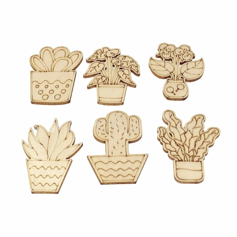 50PCS Mixed Styles Flower Cactus Potted Theme Undyed Wood Cutout Charms Spring Floral Desert Wood Slices for DIY Printing