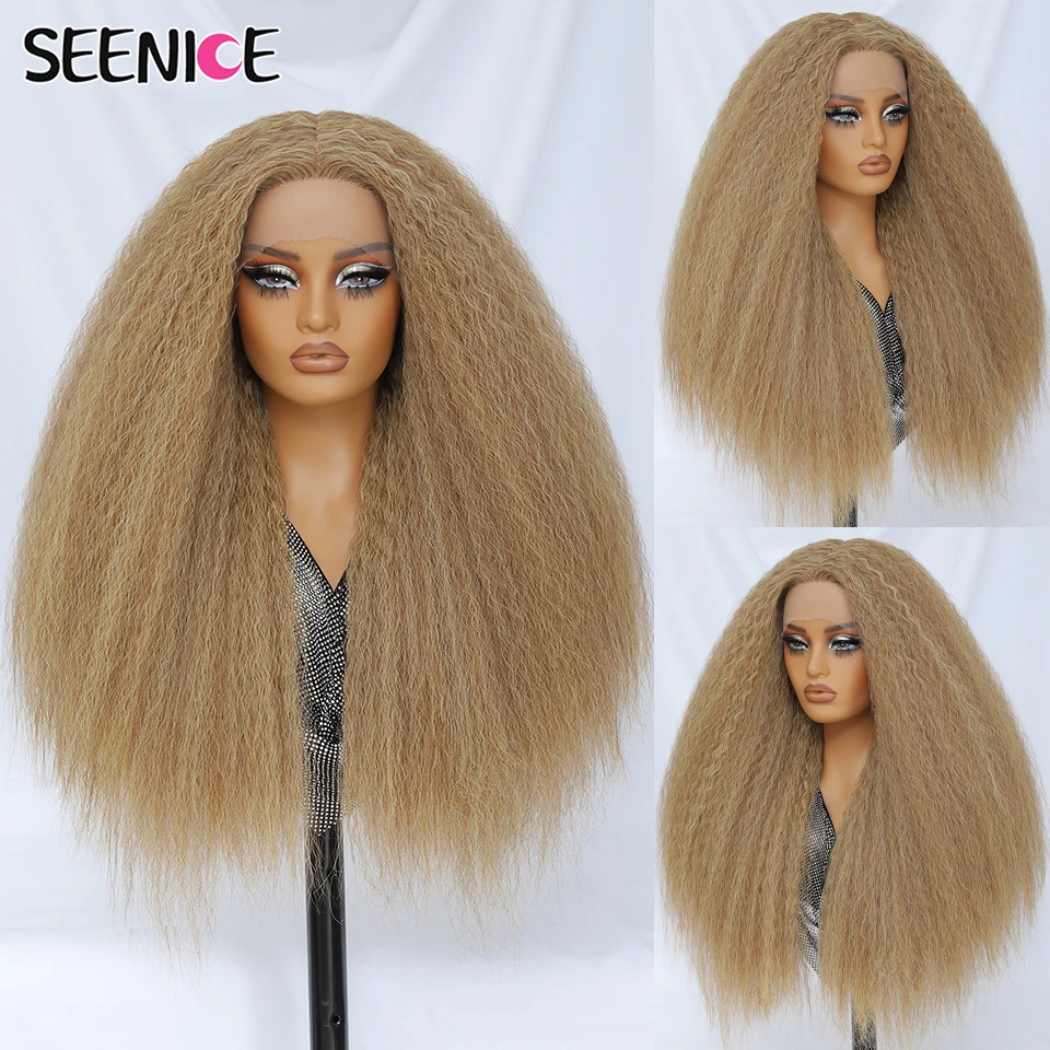 

28 Inch Kinky Straight Ombre Copper Brown Synthetic Lace Front Wig T-Part 13x5x1 Long Afro Yaki Straight Wigs for Black Women