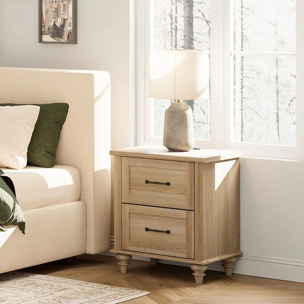 

Nightstand with Charging Station, 20 Inch Night Stand with 2 Drawers, Elegant Wooden Bedside Table End Tables with Solid Wood