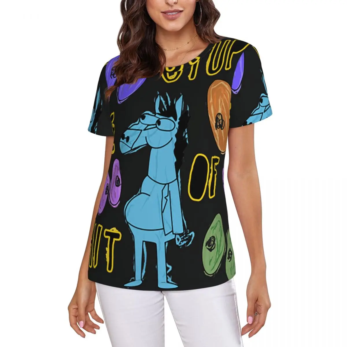 Cartoon Bojack Horseman Stupid Piece Of Shit T-Shirt Women Short Sleeve T Shirts Crew Neck Clothes Cotton Summer Tees Streetwear