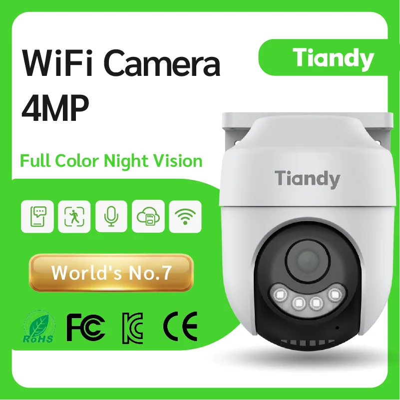 Tiandy 4MP Home WiFi Camera, Full Color Night Vision Human Detection, Red&Blue Strobe Light, 2-Way Talk, Cloud/256GB TF