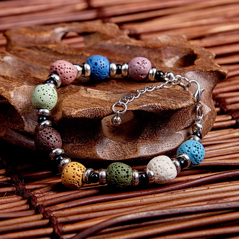 

10pcs Colorful Lava Stone Beads Beaded Bracelet Handmade Strand Jewelry Women Gift