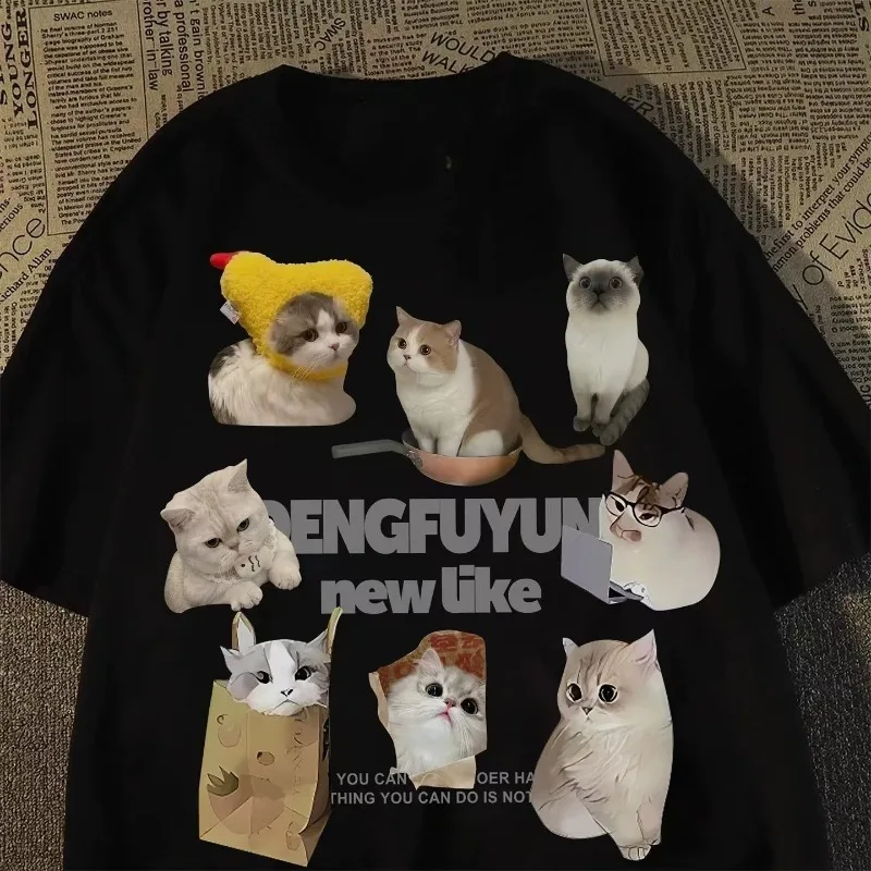 

New Cute Cat Summer Men's Women's T-Shirt Spring and Autumn Couple Personality Trend Loose Casual Short Sleeve Topp