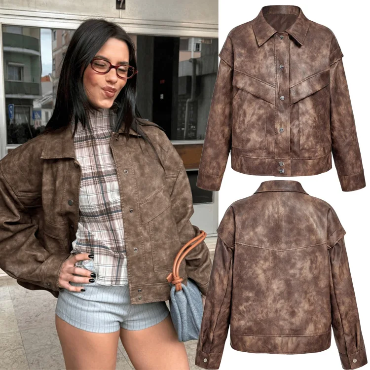 

Vintage PU Leather Street Short Jacket Coat Women Pocket Long Sleeve Front Button Top Female 2025 Autumn Winter Lady Outerwear