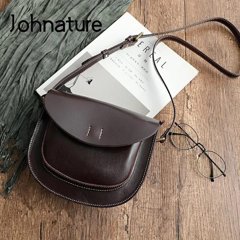 Johnature Simple Genuine Leather Women Bag 2024 New Handmade Vintage Shoulder Bags Solid Color Natural Cowhide Messenger Bag