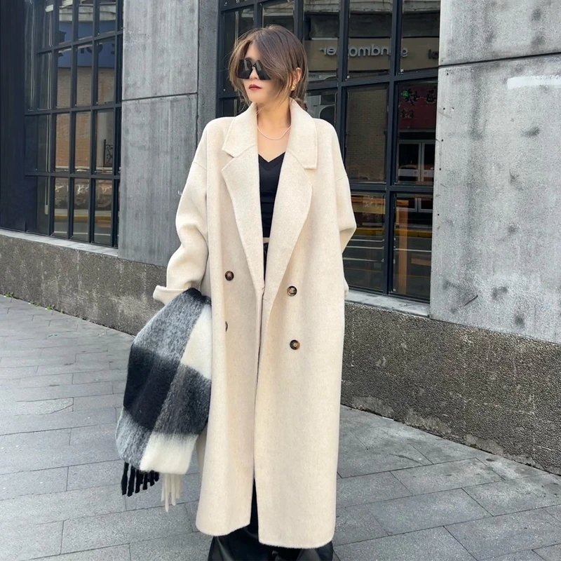 

Women's Alpaca Fur Coat Casual Long Cardigan Lapel Korean Loose Wool Double-Breasted Coat Warm Elegant Outerwear