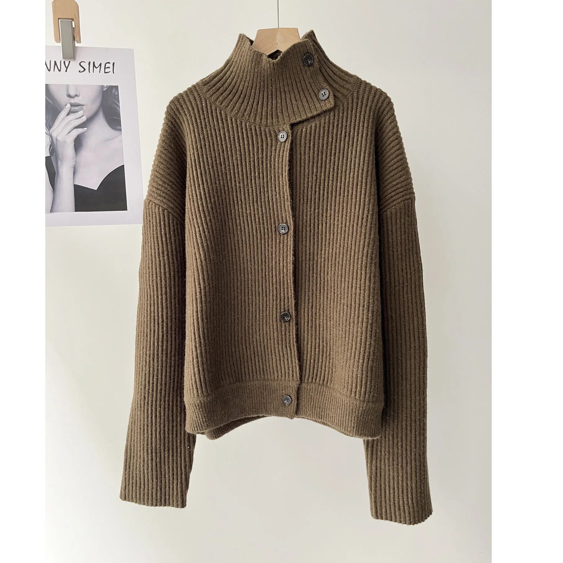 

Женский дизайнерский шерстяной вязаный кардиган с высоким воротником для повседневной носки, весна 16A-2410