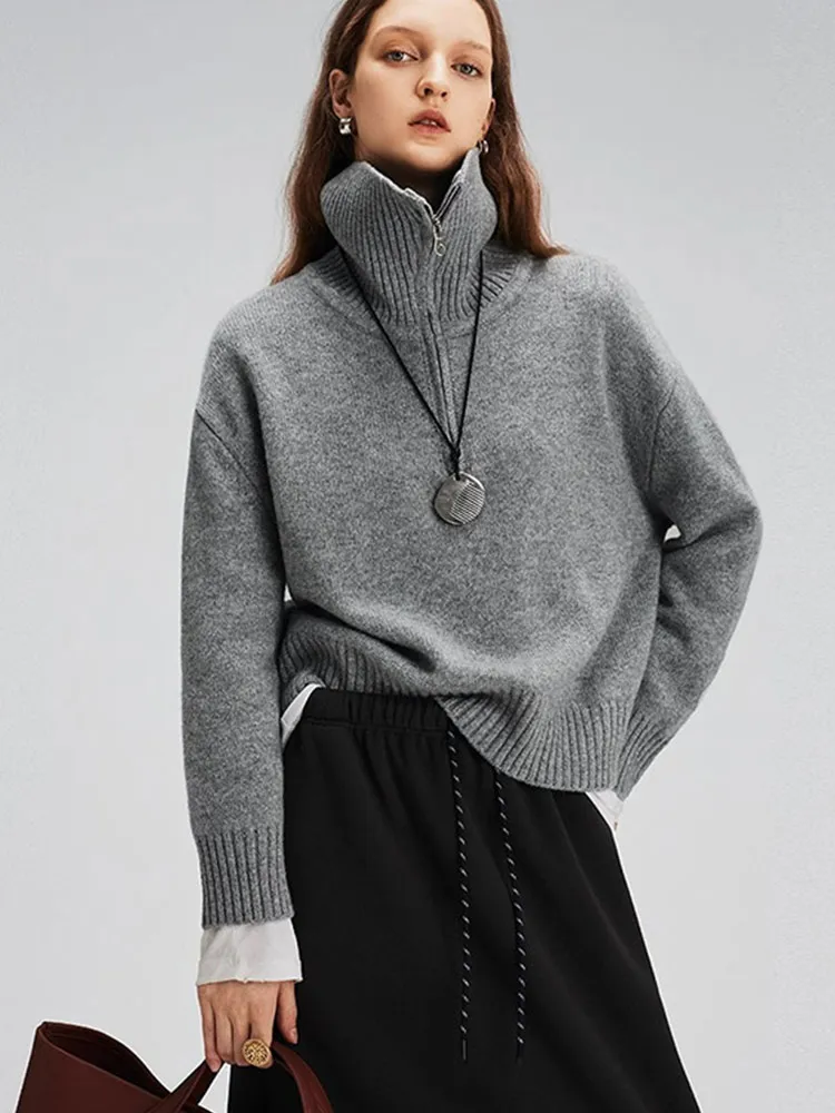 

Slimming Loose Long Sve Pullover Knitwear Color f Zip Design High Collar Casual Ele Women's Faion Top