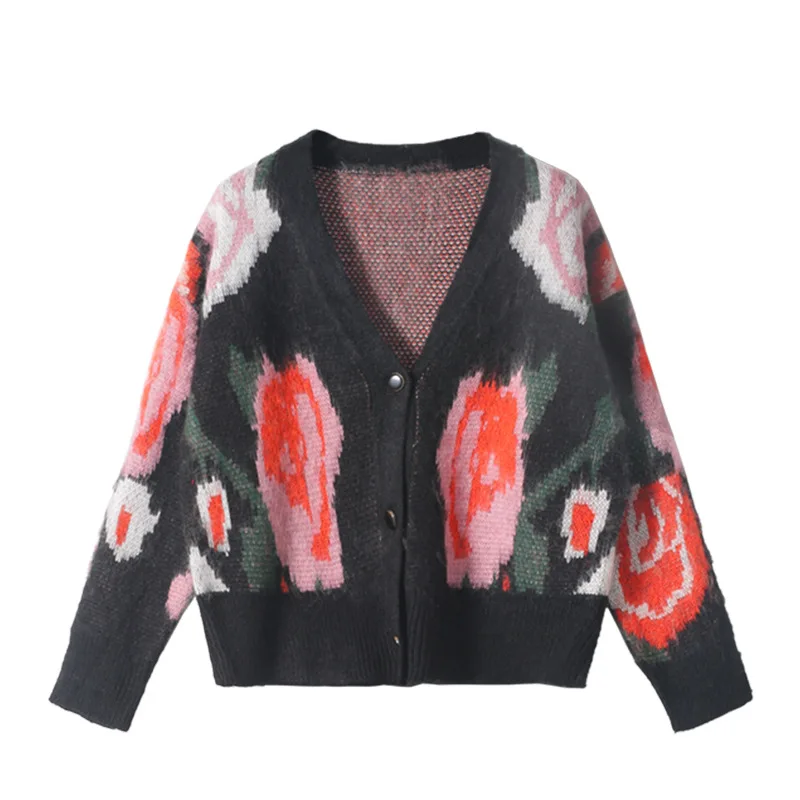 

Gray V-Neck Sweater with Splicing Collision Knitted Cardigan Spring Autumn Gentle Temperament All-Match Sweater Coat for Women