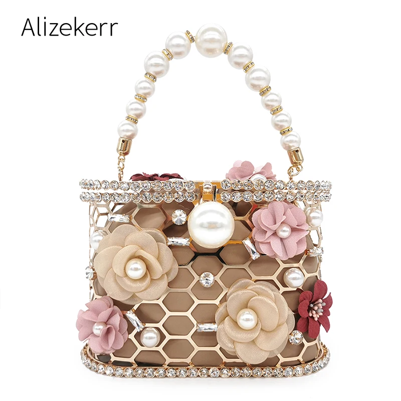 

Flower Pearl Women Clutches Evening Bags Rhinestone 2020 Luxury Ladies Diamond Gold Clutch Purse Wedding Party Metal Honeycomb