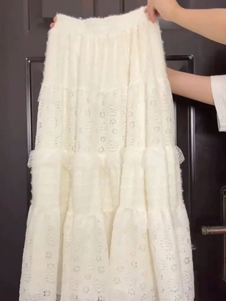 Thickened Fluffy Lace A-Line  Skirt High Waist Slimming Autumn Winter Women's Skirts Ballet Style Long Skirts