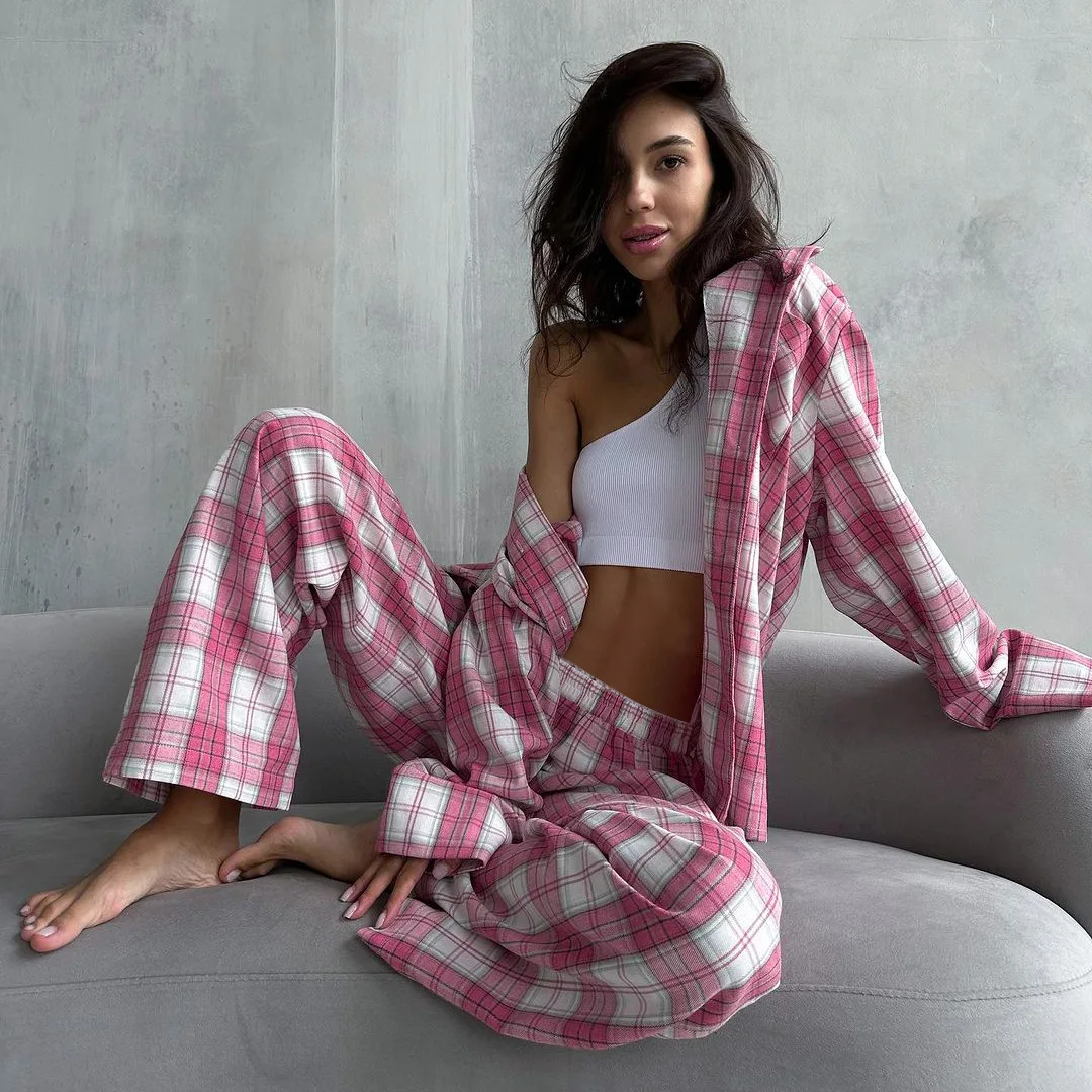 

New Winter Plaid Women Nightgowns Set Long Sleeve Nightwear Turn-Down Collar Sleepwear Pants Casual Femme Pajama Suit