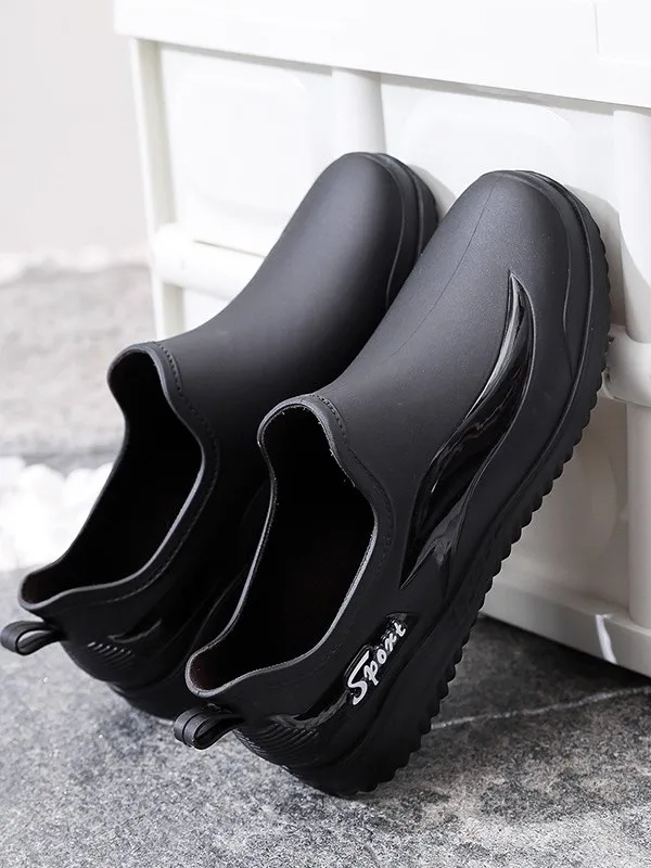 

Fashionable Short Rain Boots Men's Low-Top Waterproof Slip-On Shoes Flat Bottom Wear-Resistant Warm Fleece Lined Anti-Slip