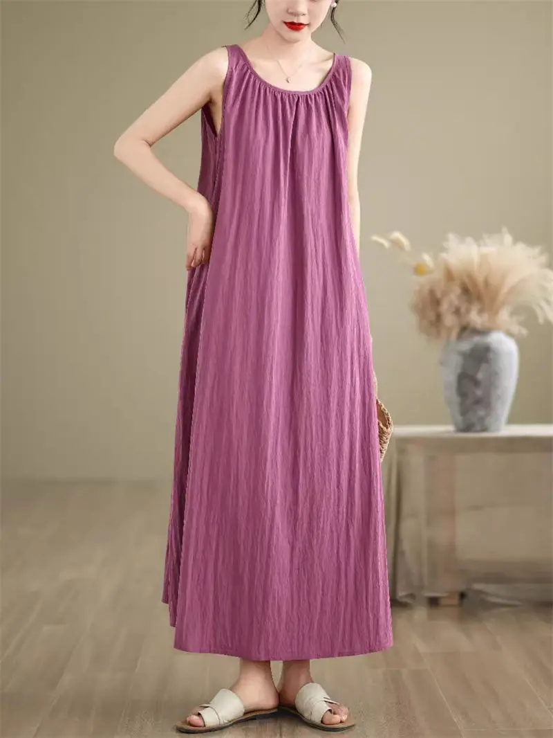 Abito con bretelle in cotone e lino artistico retrò per donna 2024 estate senza maniche grande Swing abito lungo allentato K1604
