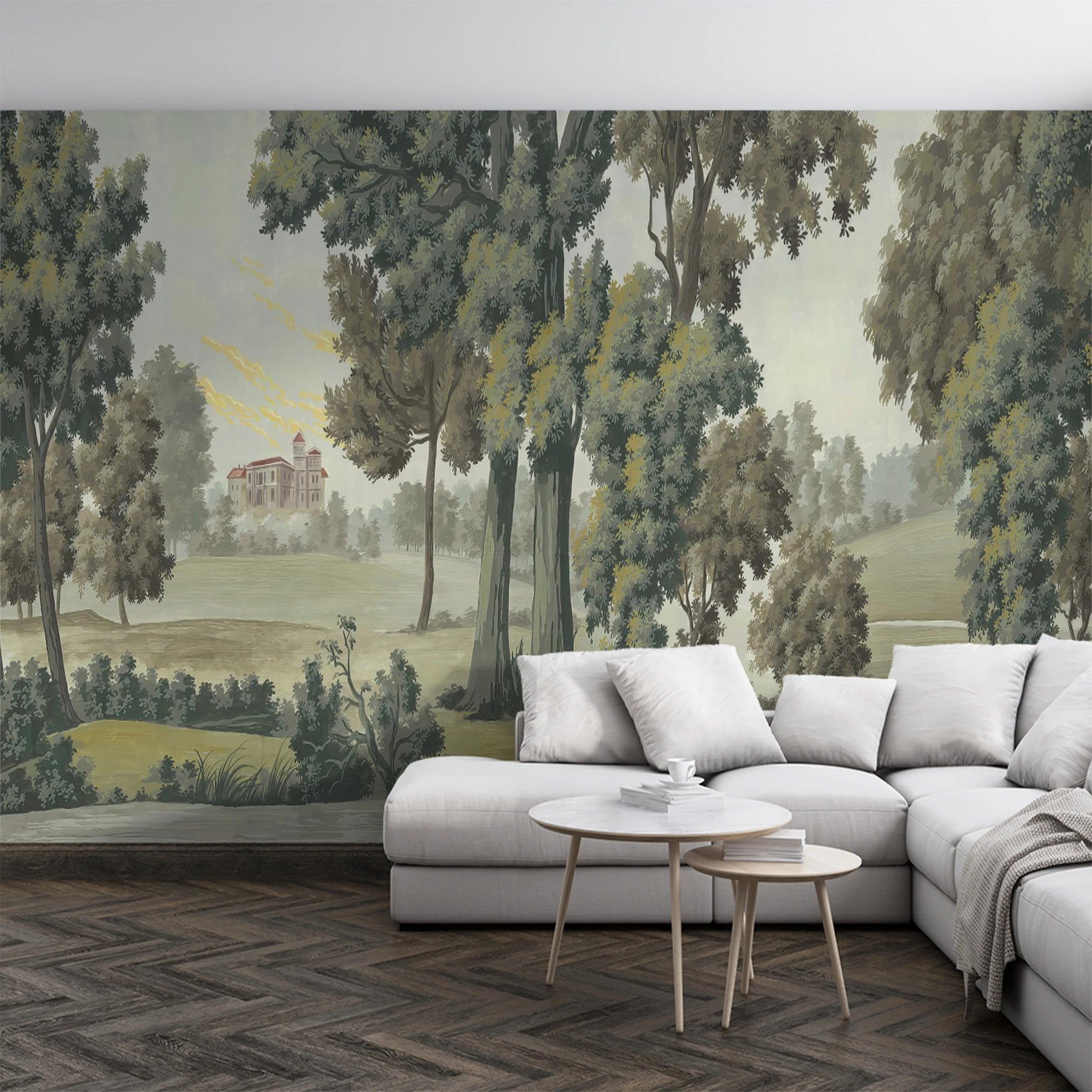 Custom Vintage European Scenery Wall Mural Retro Forest River Castle Landscape Wallpaper For Living Room Study Room Home Interio