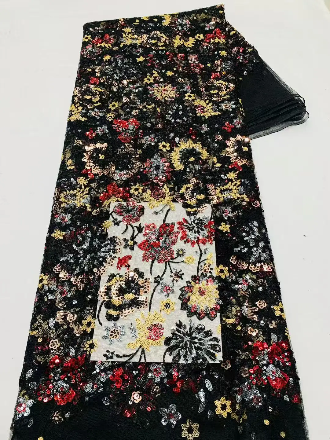 

2026 African Sequins Lace Fabric High Quality Lace Nigerian French Tulle Beaded Lace Fabrics For Sewing Wedding Party Dress