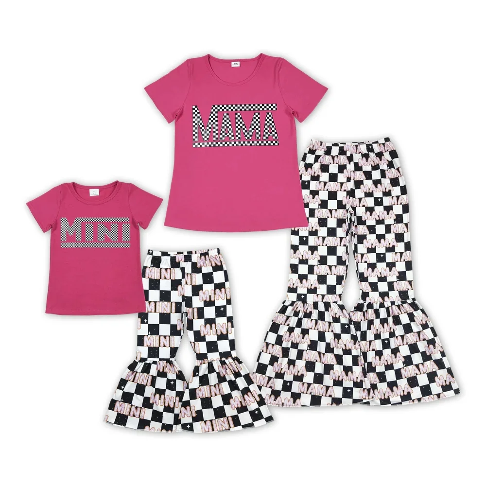 Wholesale Children Adult Clothing Embroidery Short Sleeves Baby Girl Women Set Checked Bell Pants Kids Outfit Infant Pajamas