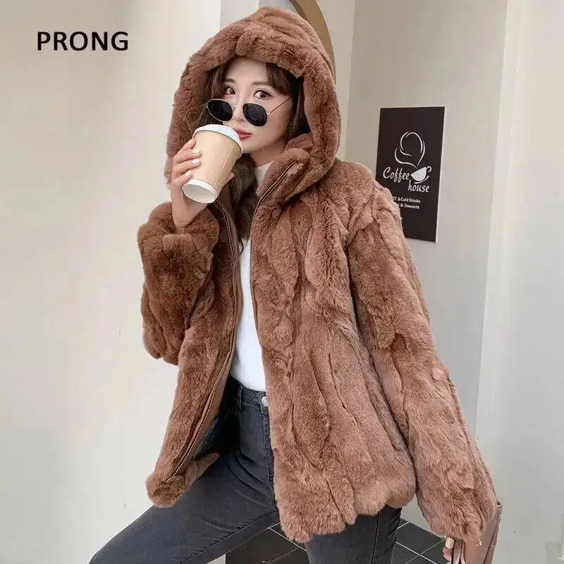 100% Real Rabbit Fur Coat Women Winter Loose Hooded Zipper Natural