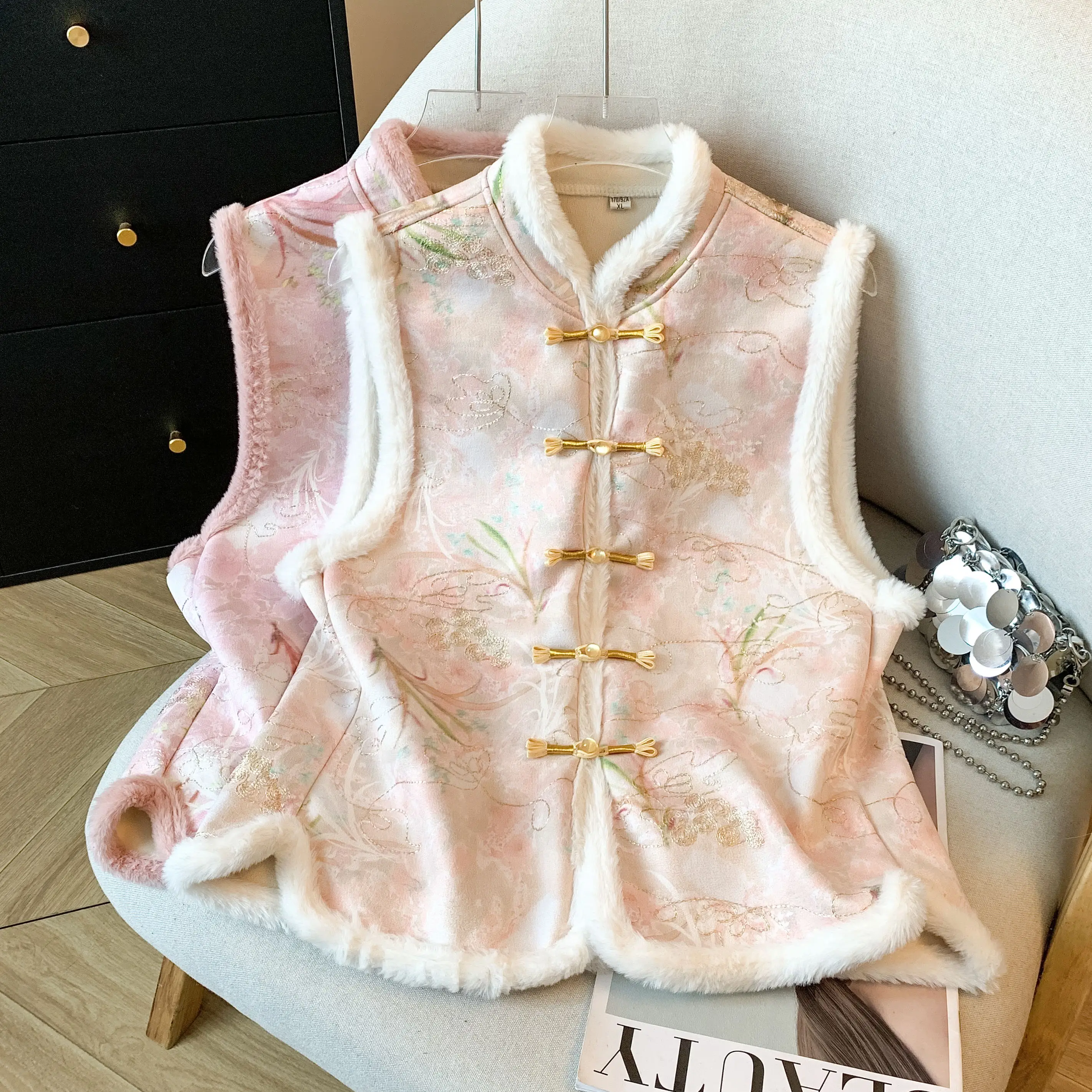 

Thiened Cotton Women's Double-Sided Wear Faux Fur Vest Autumn Winter Outerwear New Chinese Sle Stand Fit round Ne