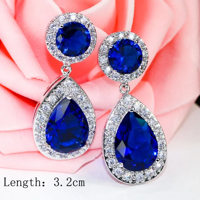 JMK Luxury Blue Crystal Cubic Zircon Stud Dangle Earrings For Women Bridal Wedding Silver Plated Party Accessories Jewelry