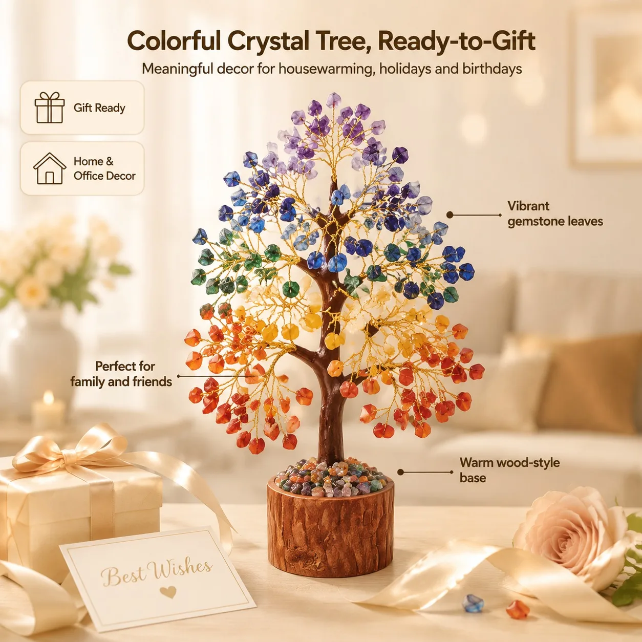 Colorful wooden stake bottom broken stone tree, suitable for crystal handicrafts, suitable for home tabletops, furniture decoration, and is the best choice for holiday gifts