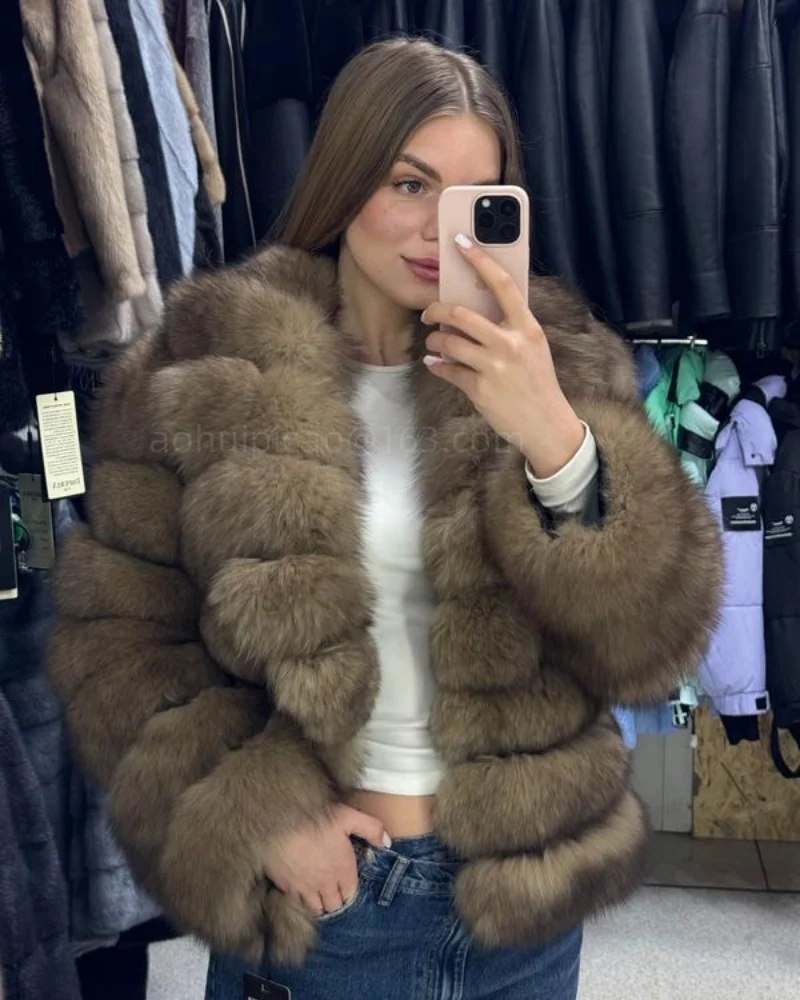 Ladies' real fox fur coat, thick and warm, solid color fur, luxurious and fashionable