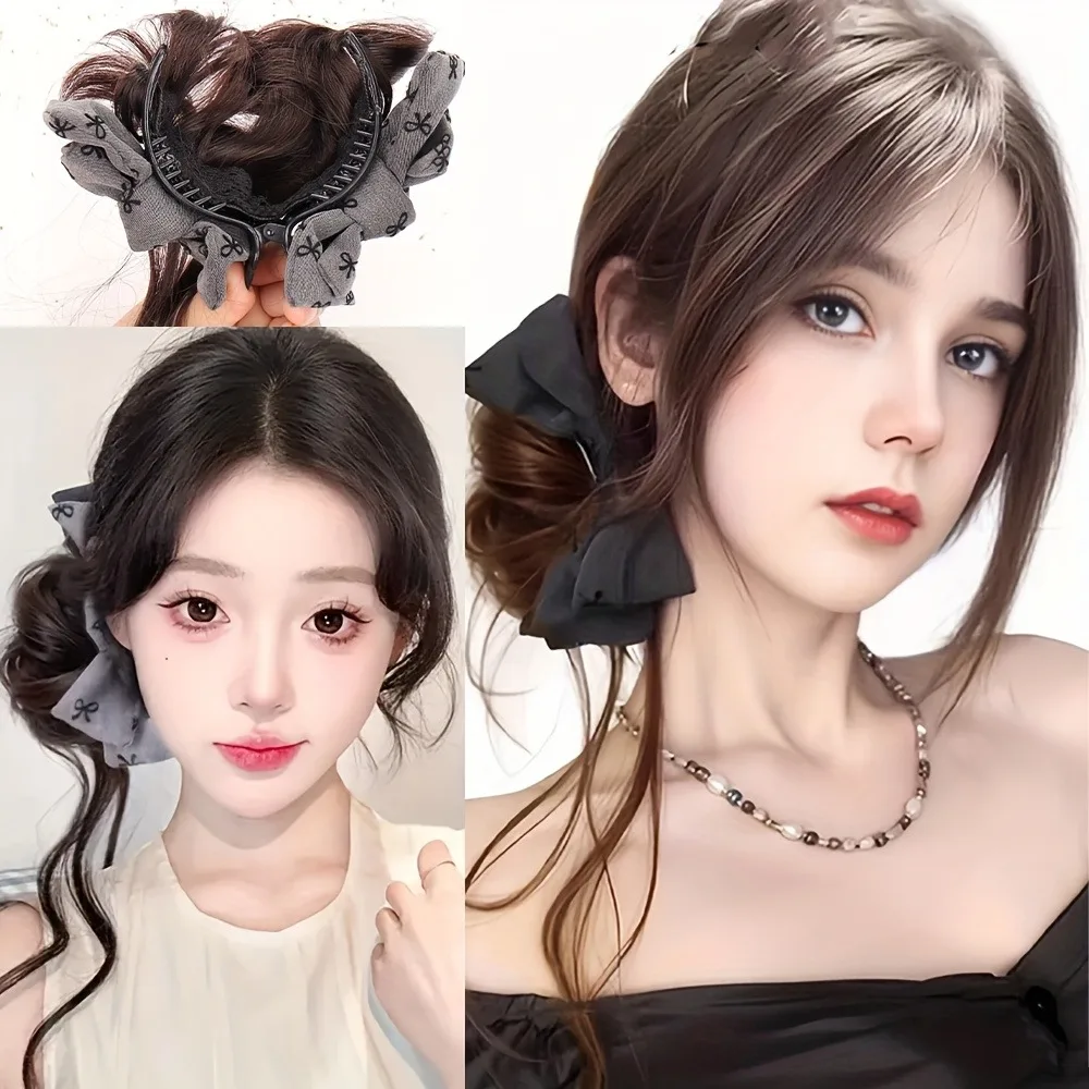 Synthetic Fiber Clip In Wavy Ponytail Hairpiece with Bow Natural Look Easy to Wear Instant Volume and Length