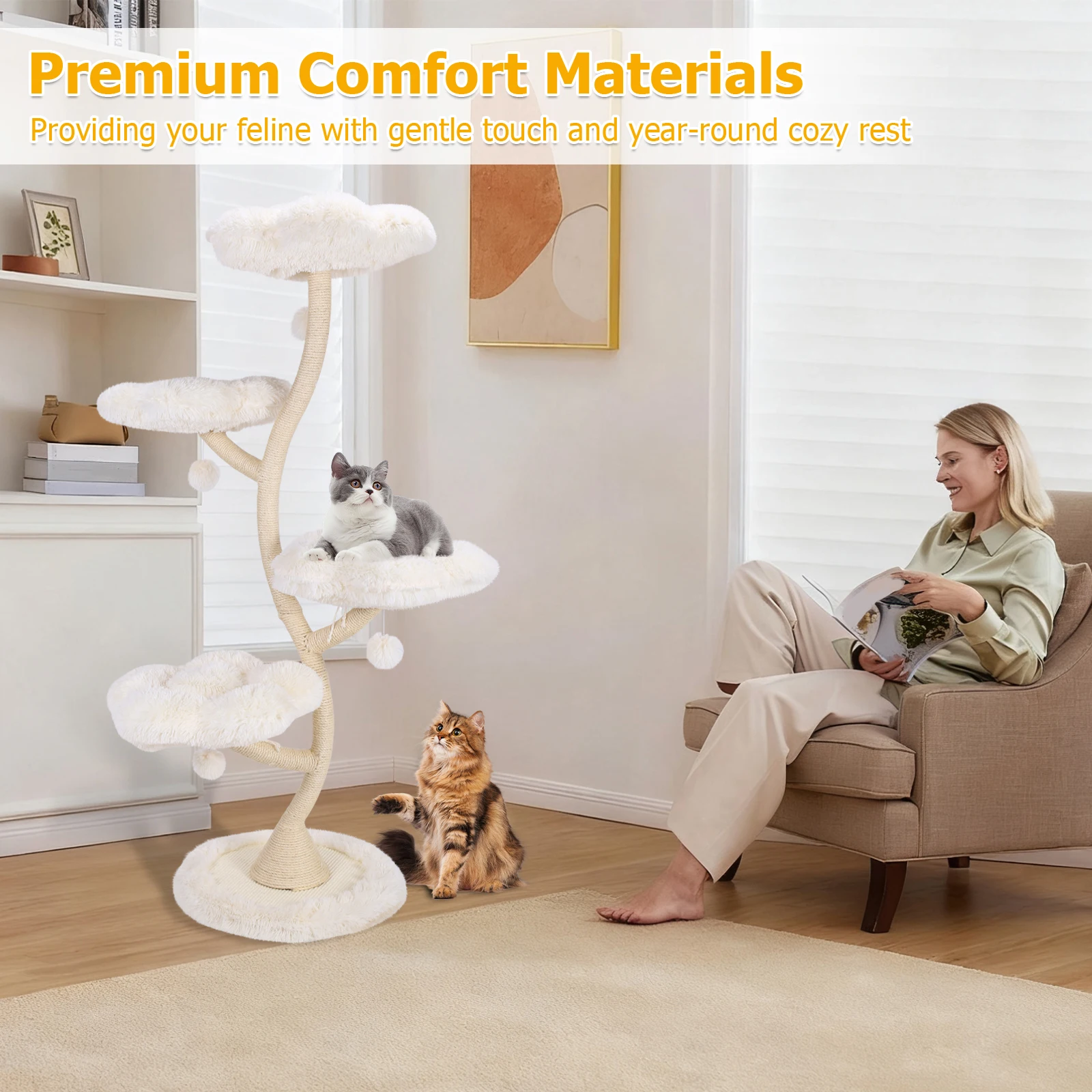 

70.07in Flower Large Multi-Level Cat Tree for Kittens and Pets with Platform Bed Sisal-Covered Scratching Posts & Toy Balls