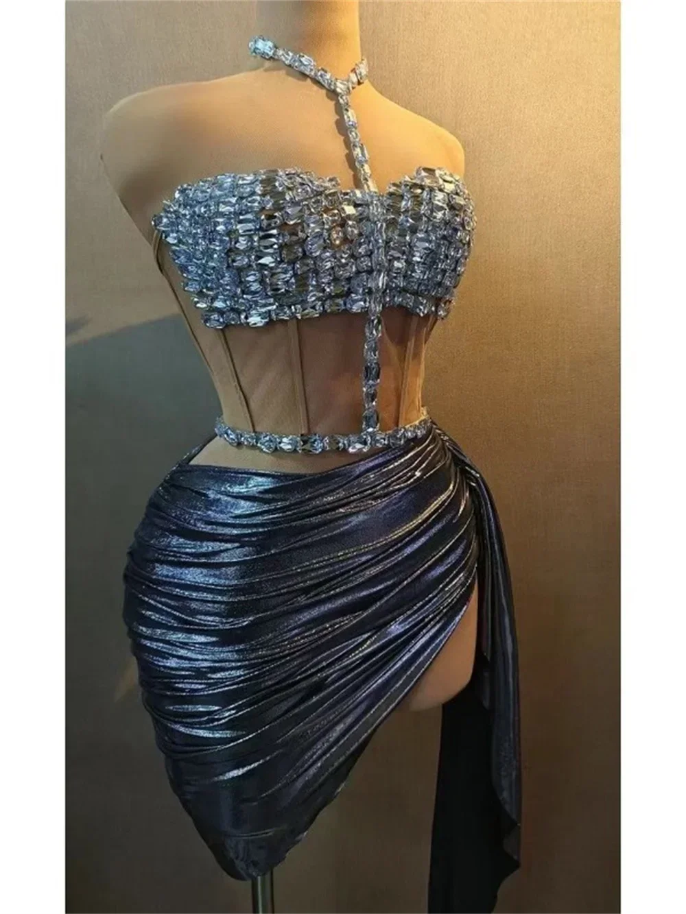 Evening Party, Prom, Celebrate Nightclub, Photo Shoot, Stage Show Wear Women's Sparkly Diamonds Mesh Backless Short Dress