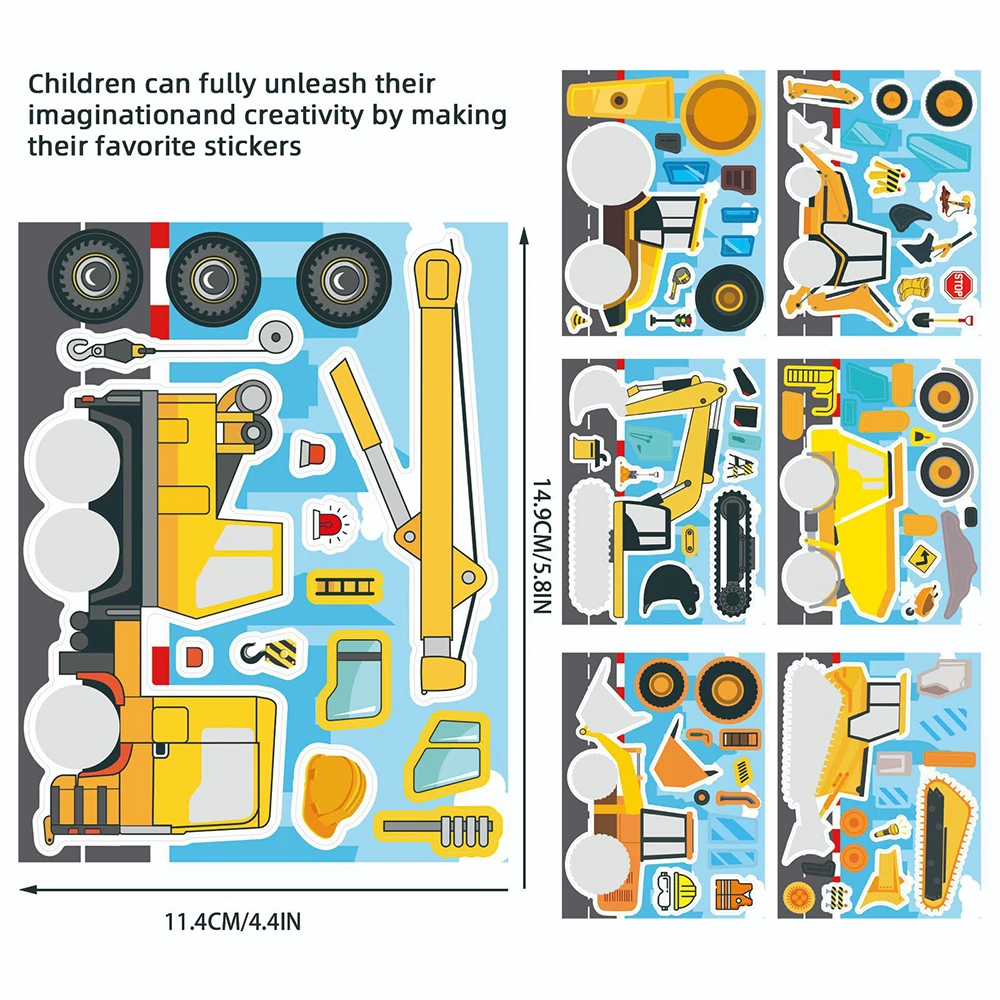

8/16sheets Cartoon Engineering Vehicle Puzzle Stickers Funny Excavator Make a Face Jigsaw Decals Kid Education Toy Birthday Gift