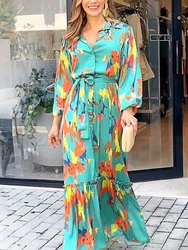 Autumn Women's Long Sleeve Casual Style Polyester Material 2024 New Fashion Lantern Sleeve Collar Long Dress