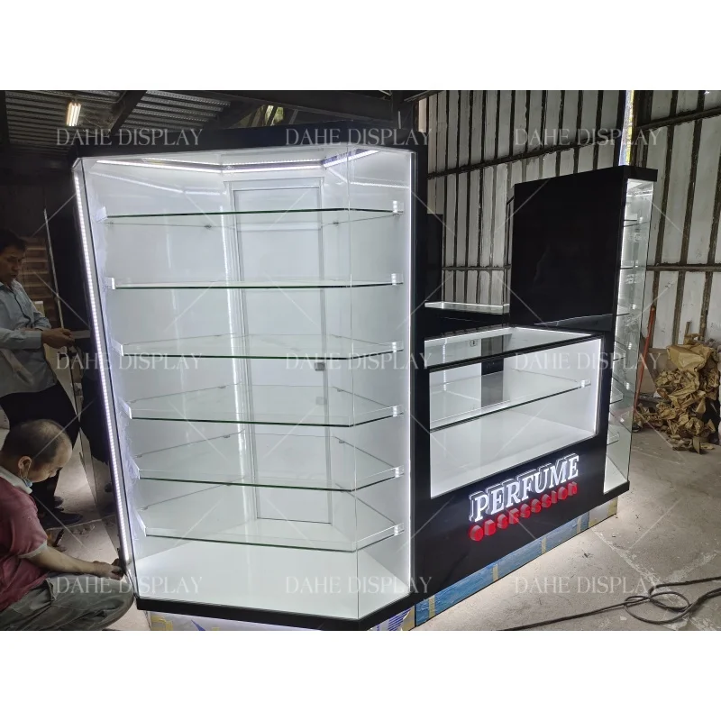 custom.Customized Black Perfume Kiosk Mall Kiosk Jewelry Shop Sliding Door Display in Plaza 3D Drawing