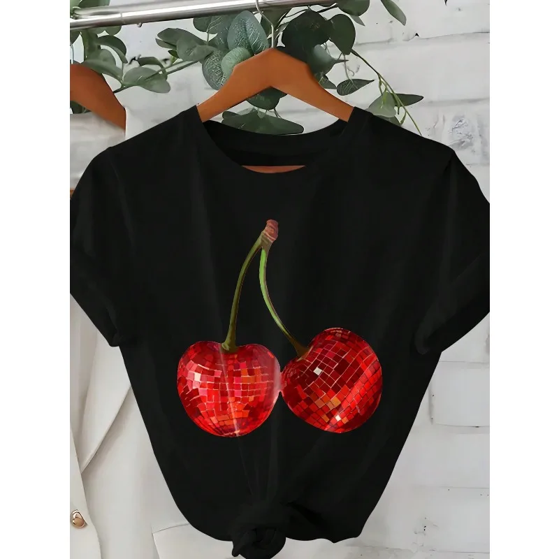 

Женская повседневная футболка с принтом вишни, модный и стильный топ с круглым вырезом, эстетичная одежда