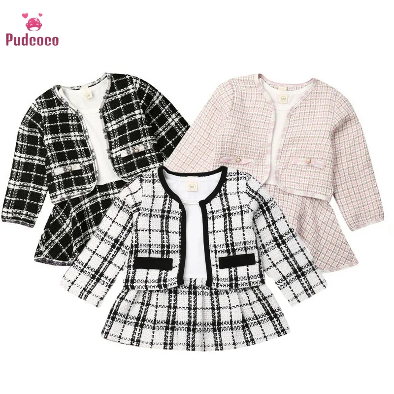 2019 Fall Winter 1-6Y Baby Girls Clothes Sets First Birthday Long Sleeve Plaid Coat Tops Dress 2Pcs Party Warm  Outfit