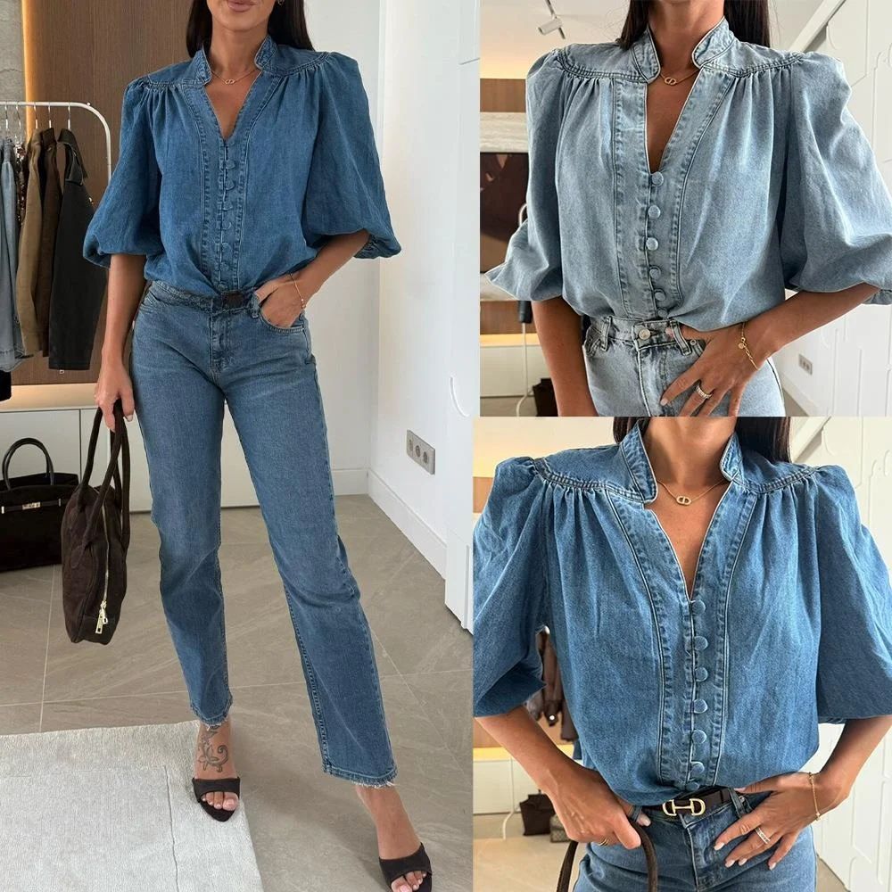 

Women's Lantern Sleeve V-neck Denim Shirt Long Sleeve Casual Style Pure Color Resistant to Deformation Winter Collection