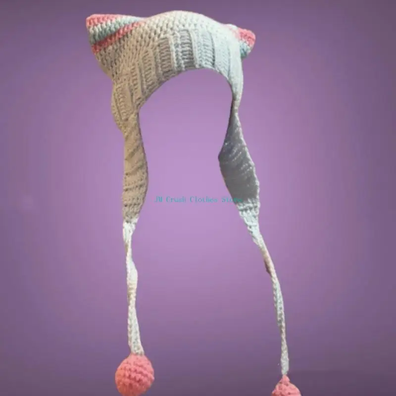 

K1ME Slouchy Knitted Skull Hat Striped Hat for Girls Y2K GIRL Hat with Star Pendant