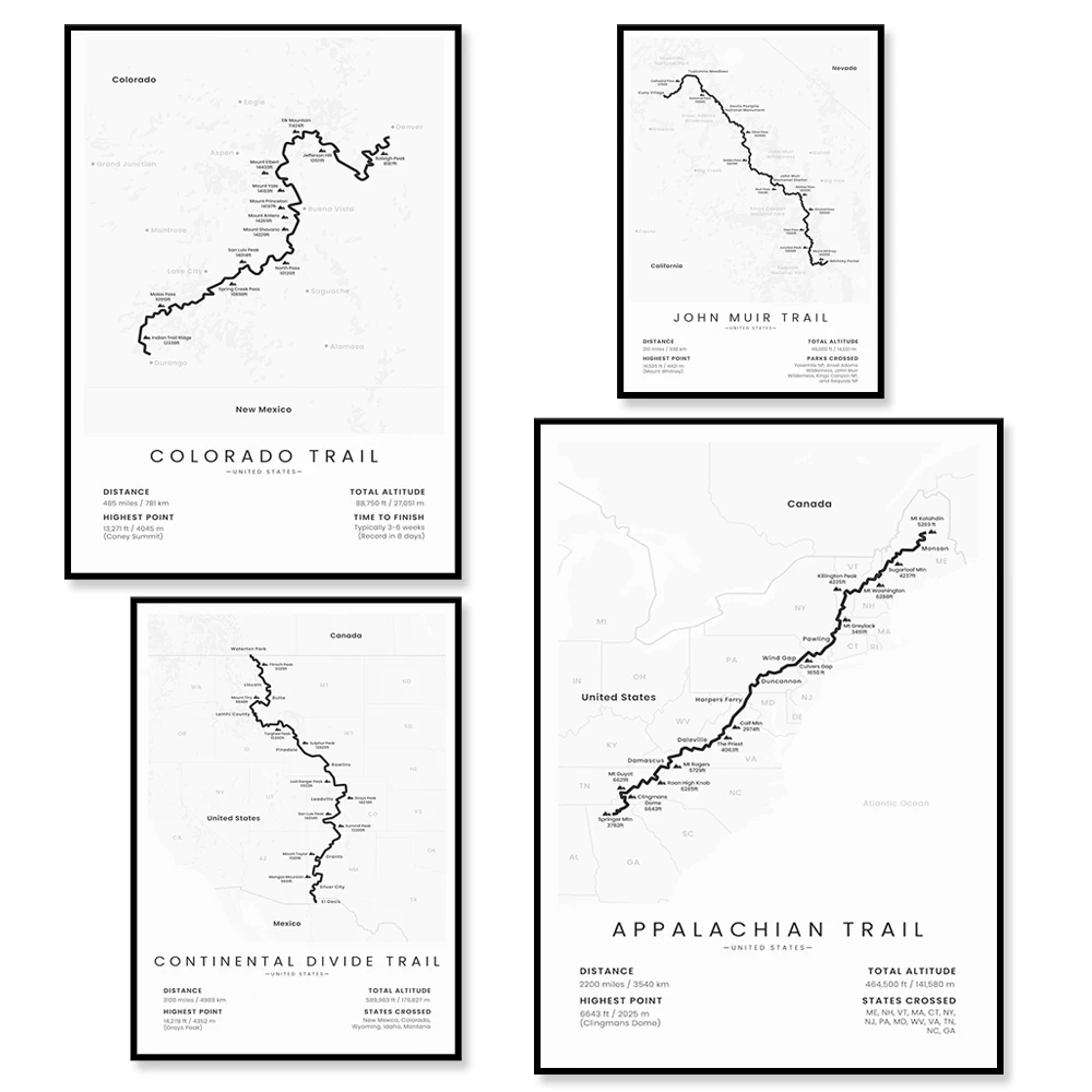 Appalachian Trail Poster - Colorado Mount Whitney to Continental Divide CDT Trail Map Gift for Hikers And Outdoor Lovers