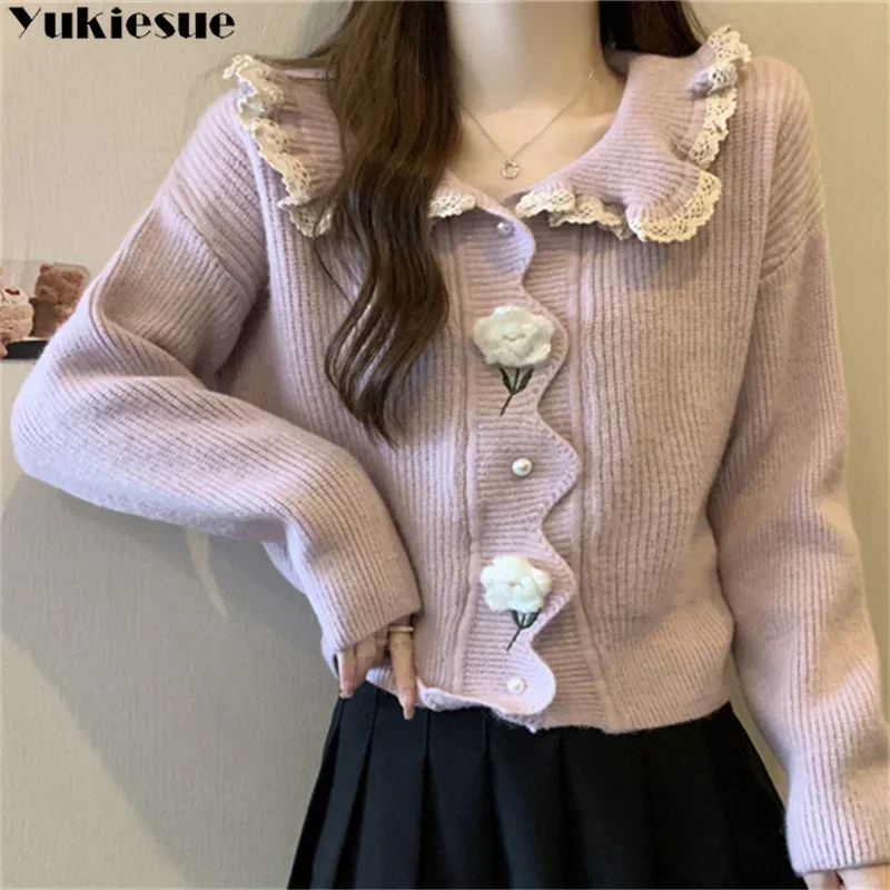 Women Sweater 2023 Autumn Korean Edition New Style Versatile Cardigan Embroidery Top Ruffle Peter Pan Collar Sweet Knitted Tops