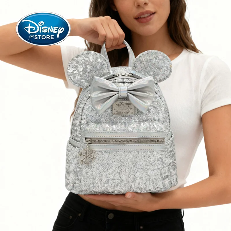 

Disney Frozen Minnie Mouse Silver Sequin Mini Backpack - Bow Snowflake Charm Sparkly Bags For Women Girls DisneyPark Travel