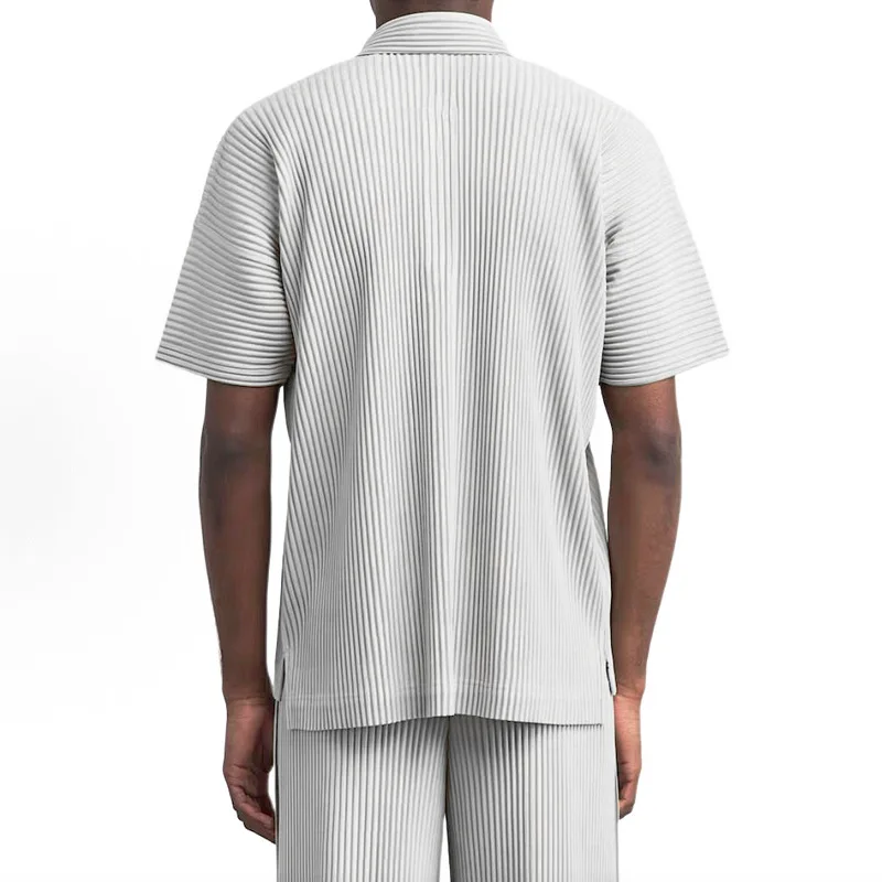 ISSEY pleated short-sleeved V-neck button-down polo shirt t-shirt for men