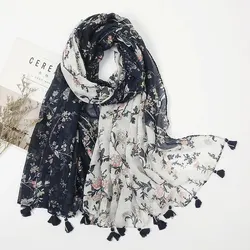 Women Cotton Linen Scarf Floral Print Tassel Shawl Vintage Patchwork Viscose Muffler Fashion Decoration 180*90cm