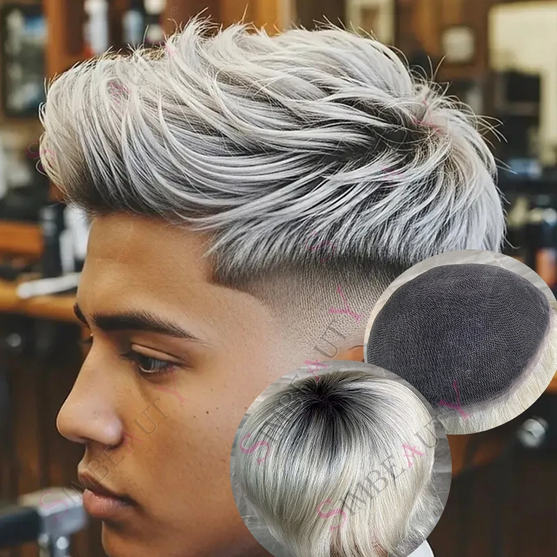 عقدة مبيضة غير قابلة للاكتشاف قابلة للتنفس، دانتيل سويسري كامل 60r # أبيض أشقر أسود رمادي 1b80 شعر مستعار بشري 100% للرجال الاصطناعية #2