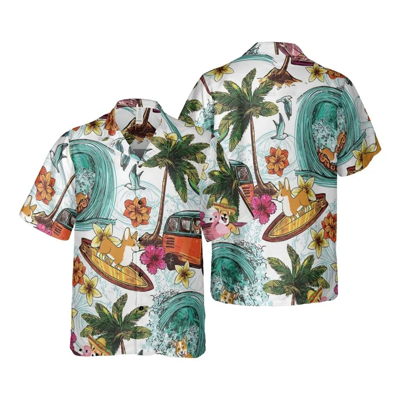 Camisa de praia masculina e feminina Corgi Pattern, camisas Aloha impressas em 3D, blusa de manga curta, tops de lapela havaiana, animal fofo